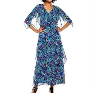 VICKY TIEL Multicolor Printed Cape maxi Dress